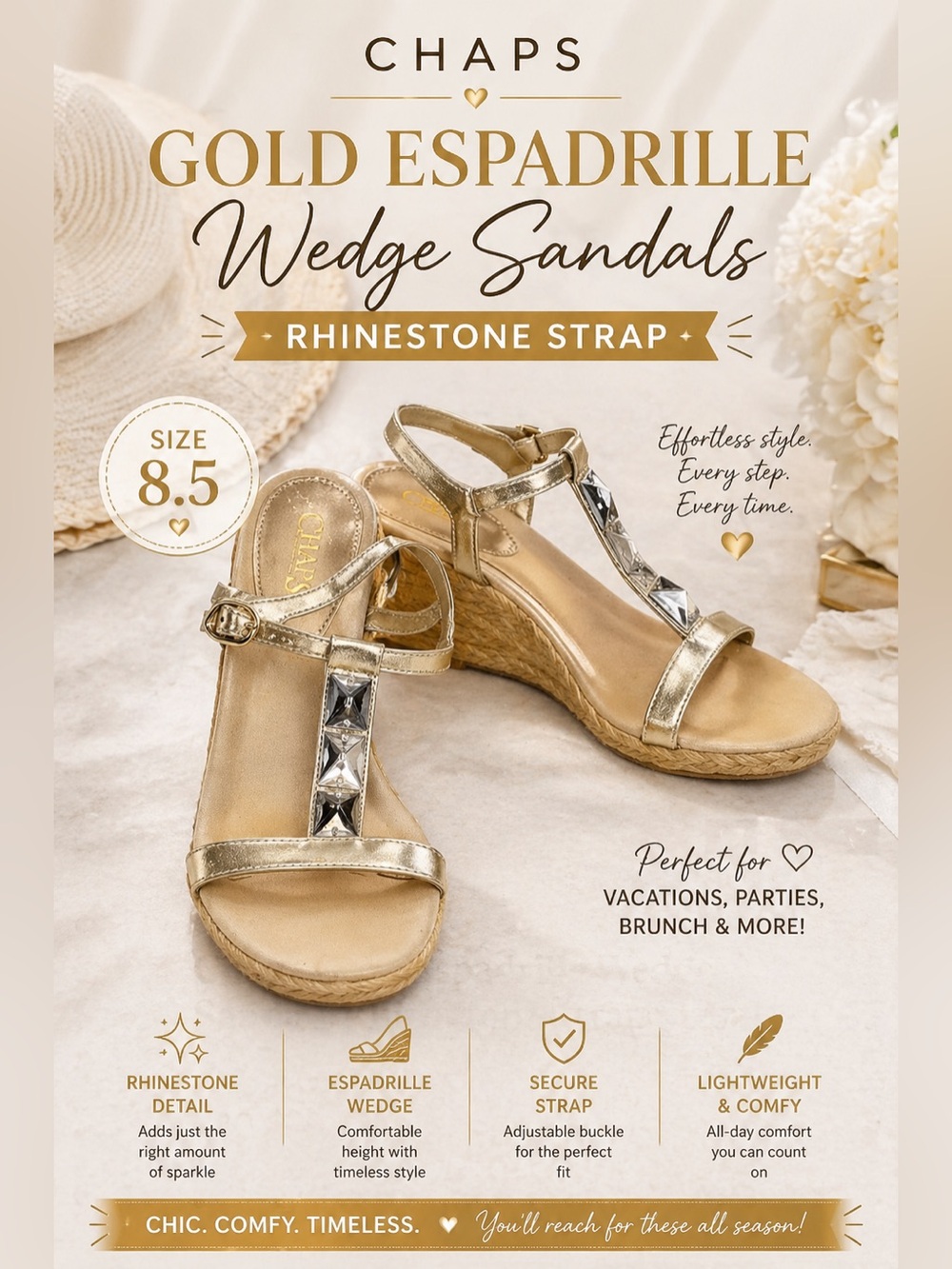 Chaps Gold Espadrille Wedge Sandals Rhinestone Strap Size 8.5